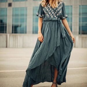 JODIFL Teal Maxi Dress with Embellishments